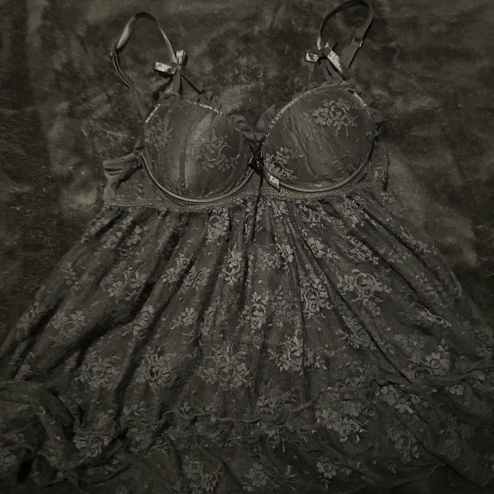 Black Lacy Flared Lingerie Top With Bows